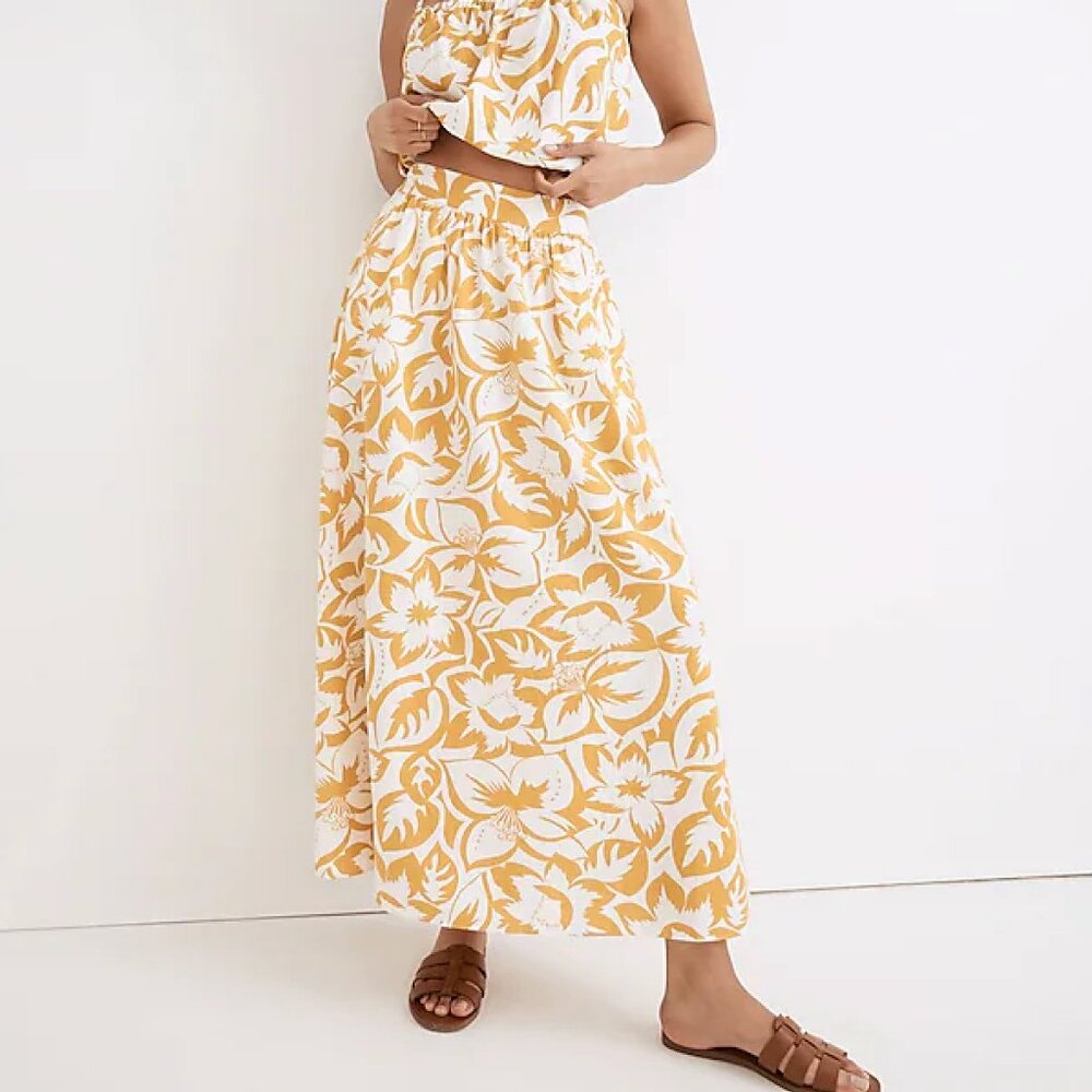 NWT Linen-Blend Shirred Maxi Skirt in Tropicale Floral Size XL